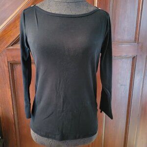 Jones New York Sport Shirt Top Blouse Black 3/4 Sleeve Pullover Button Roll Tab